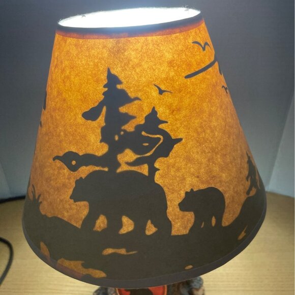 Rustic Tree Table Lamp w Bear Scene Cutouts Amber Glow Shade Lodge Cabin Decor - Picture 5 of 8
